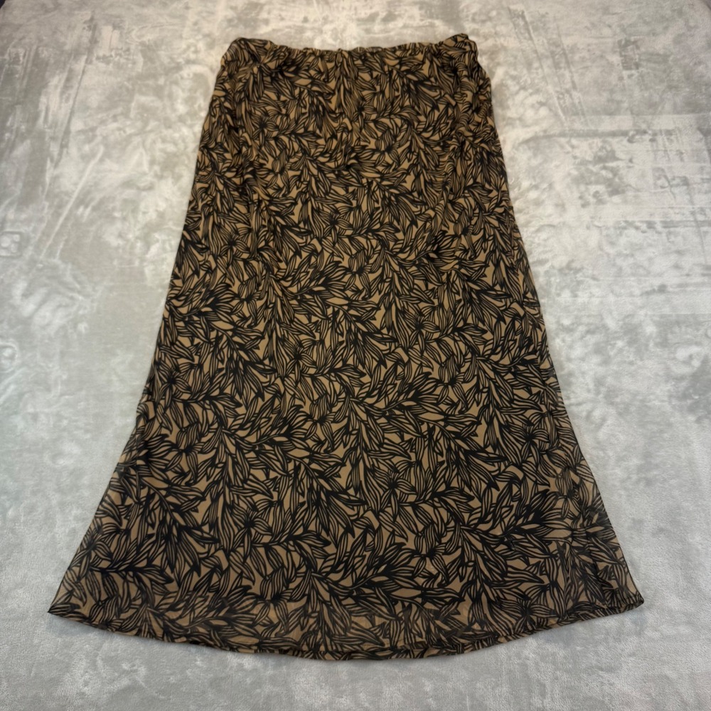 Cato Woman Brown Black Leaf Print Chiffon Maxi Skirt Elastic Waist Plus 14/16W